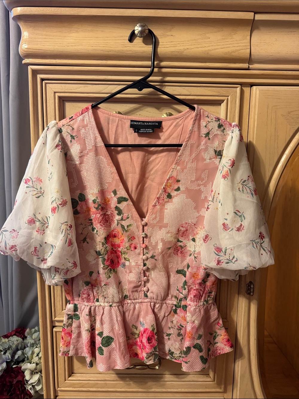 HEMANT & NANDITA Pink Floral Peplum Blouse with Puff Sleeves